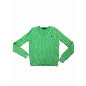 Polo Ralph Lauren Olive V‑Neck Cable Knit Sweater — Women's Large - 100% Cotton